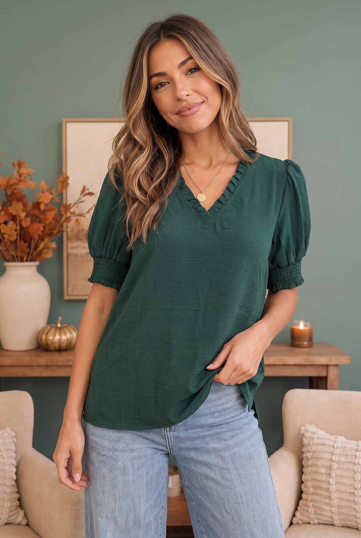 When We Met Ruffle V-Neck Puff Sleeve Top