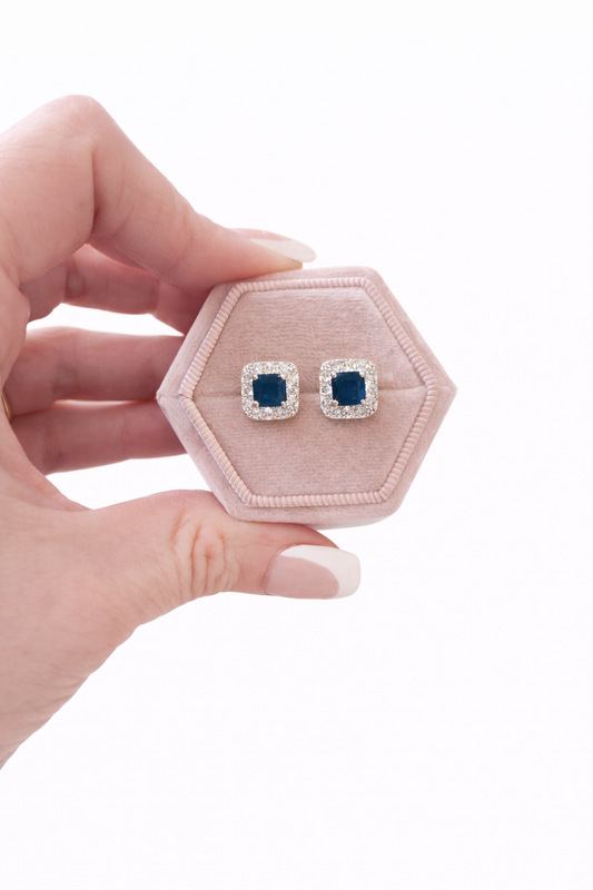 Olivia Emerald Halo Earrings in Sapphire Blue