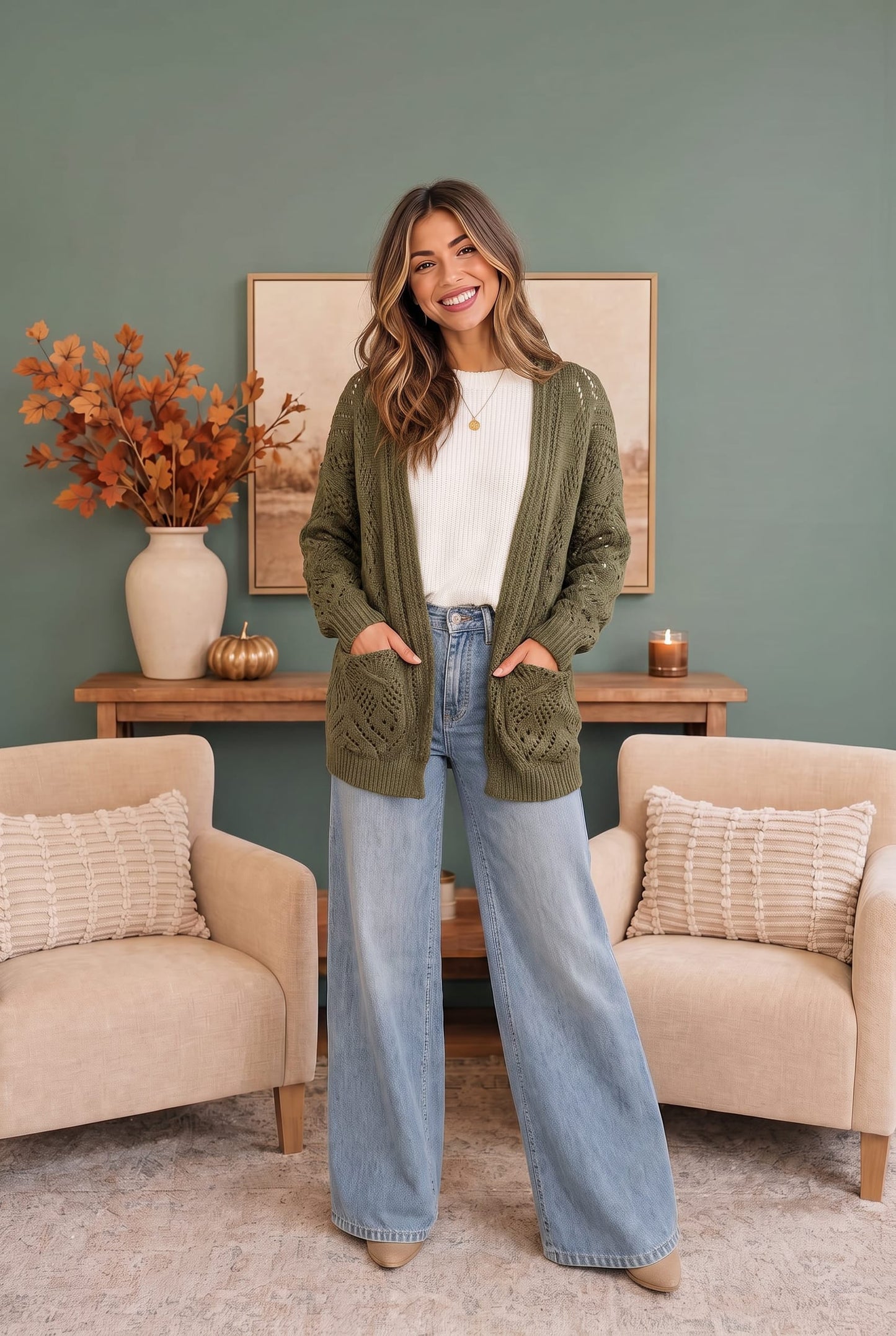 Cozy Days Open Knit Cardigan in Olive