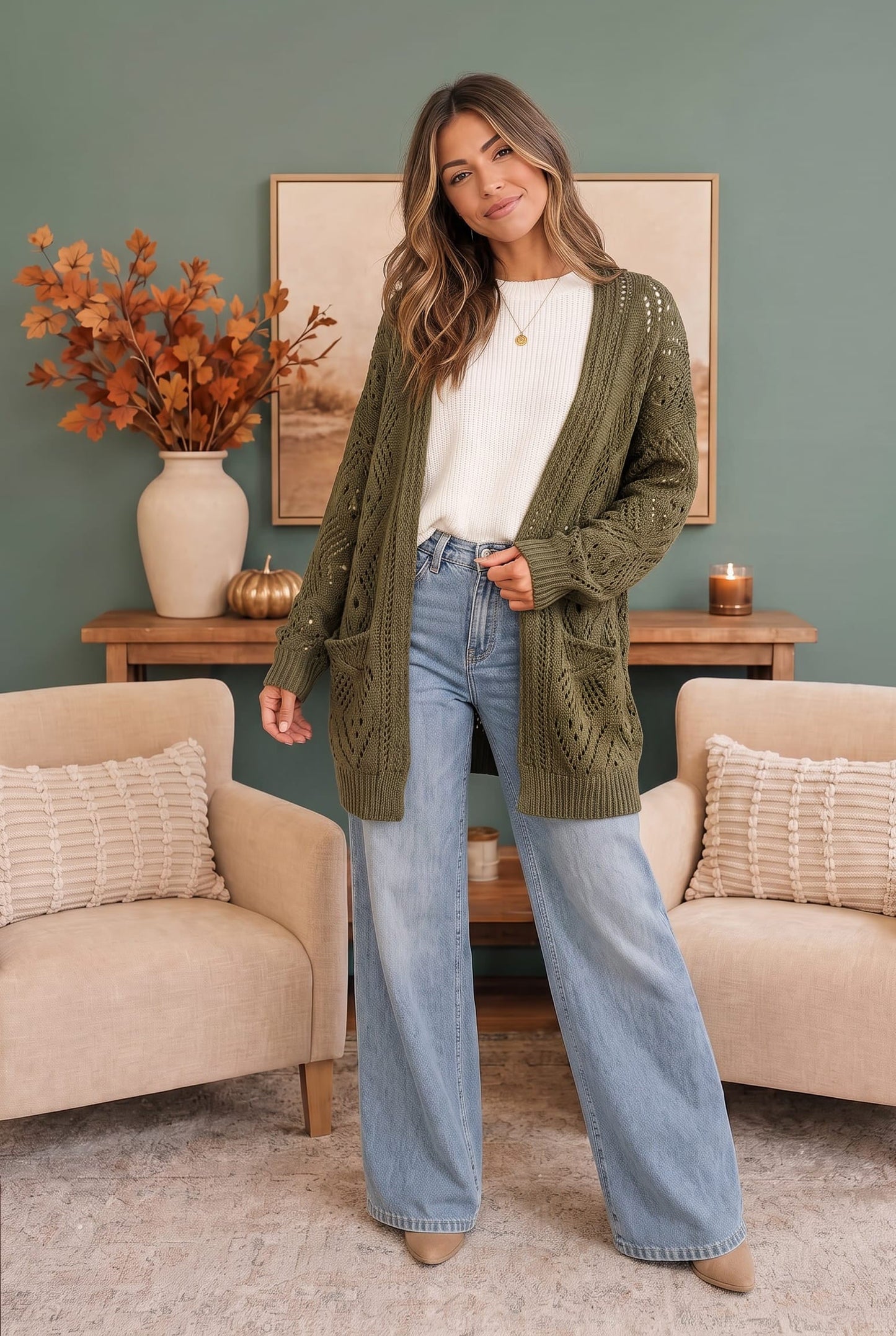 Cozy Days Open Knit Cardigan in Olive