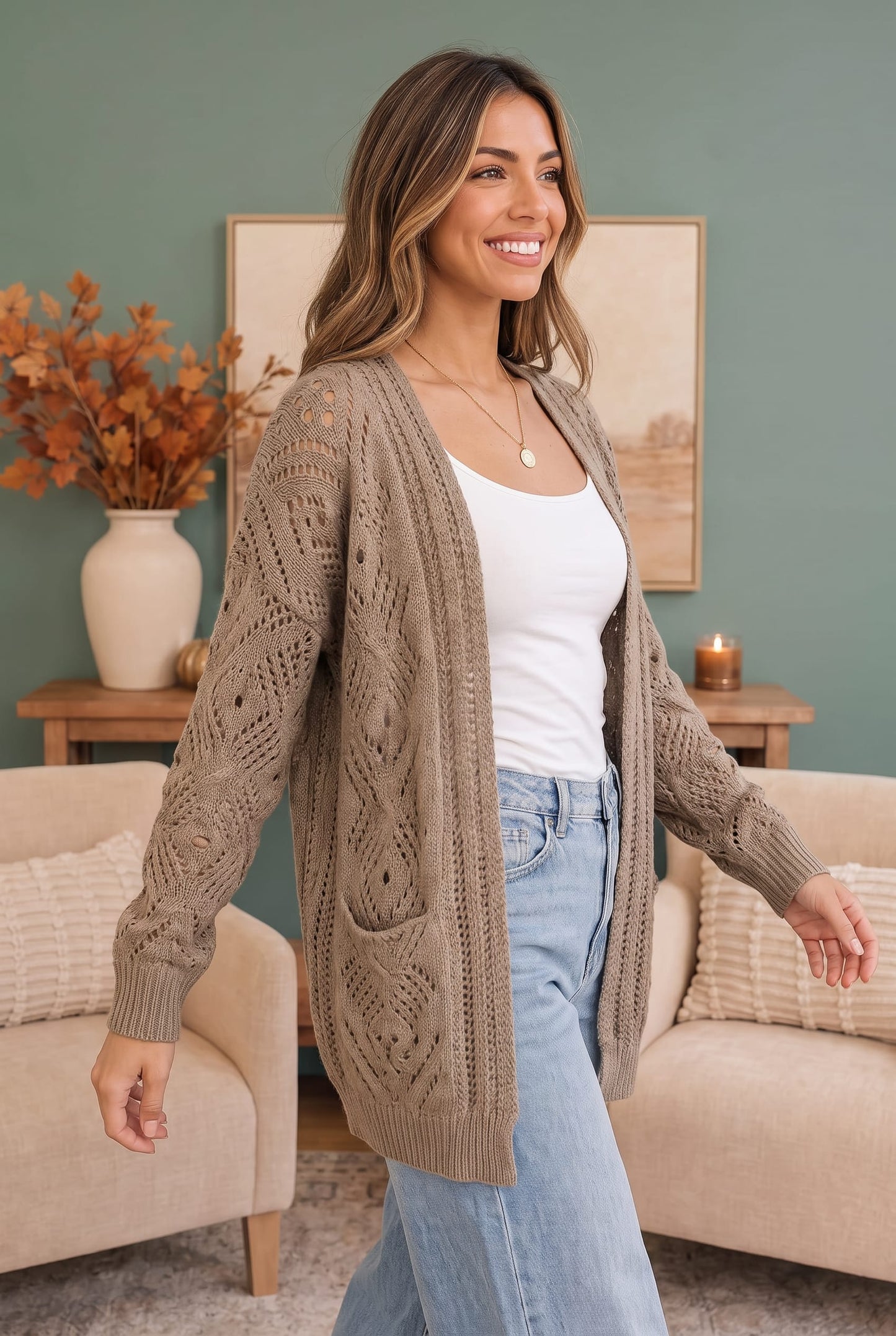 Cozy Days Ahead Open Knit Cardigan in Taupe