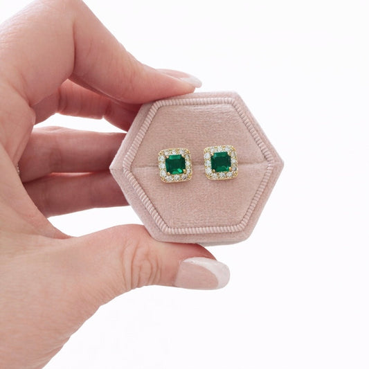 Olivia Emerald Halo Earrings in Dark Green