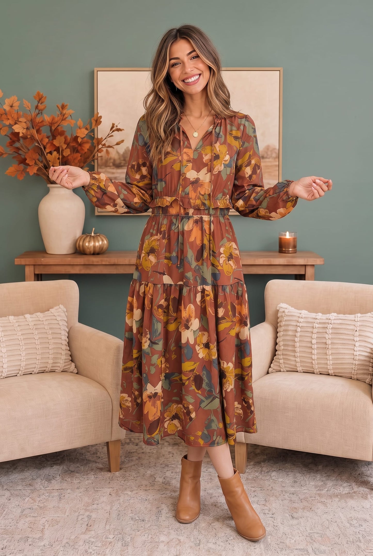Harvest Bloom Tiered Midi Dress