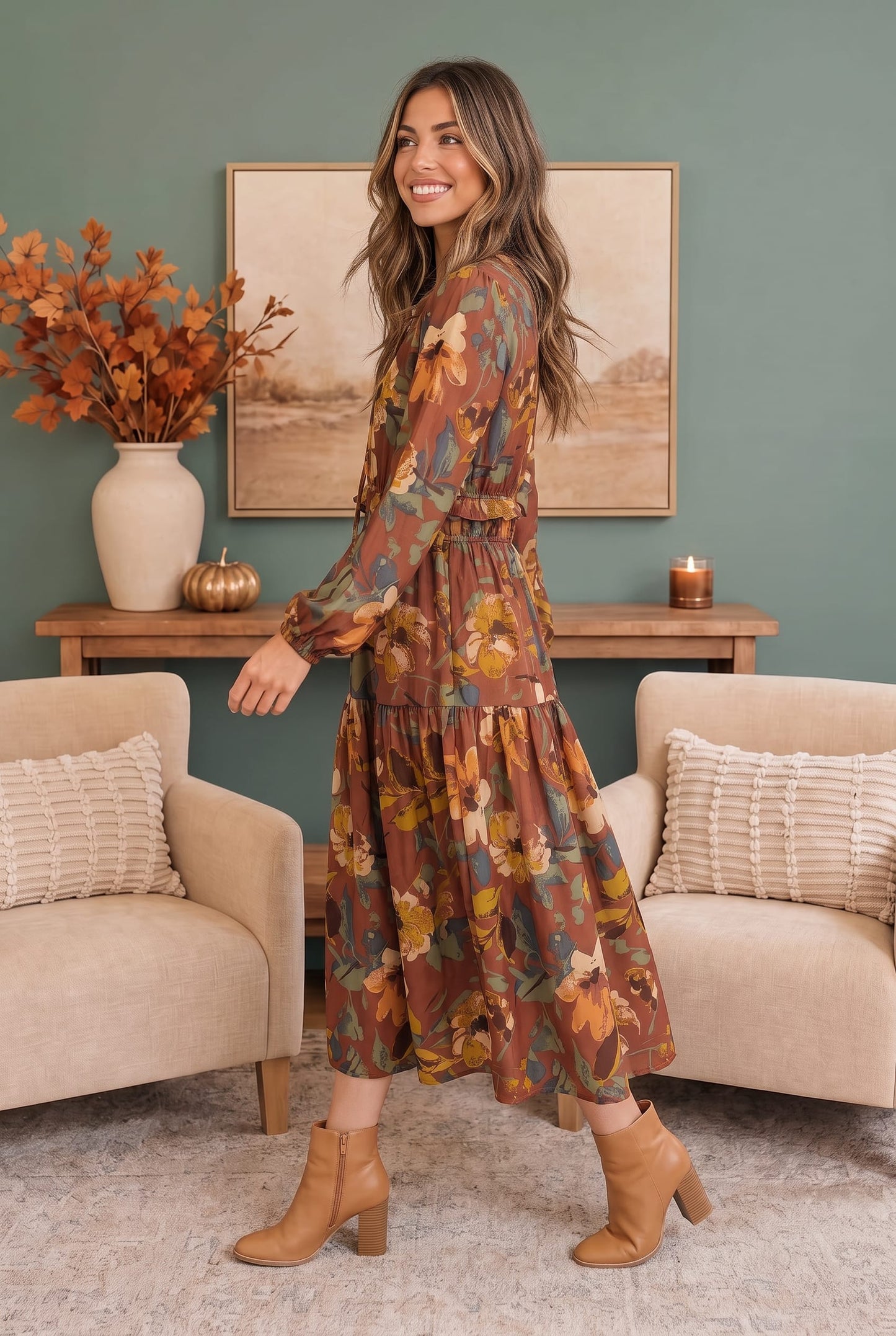 Harvest Bloom Tiered Midi Dress