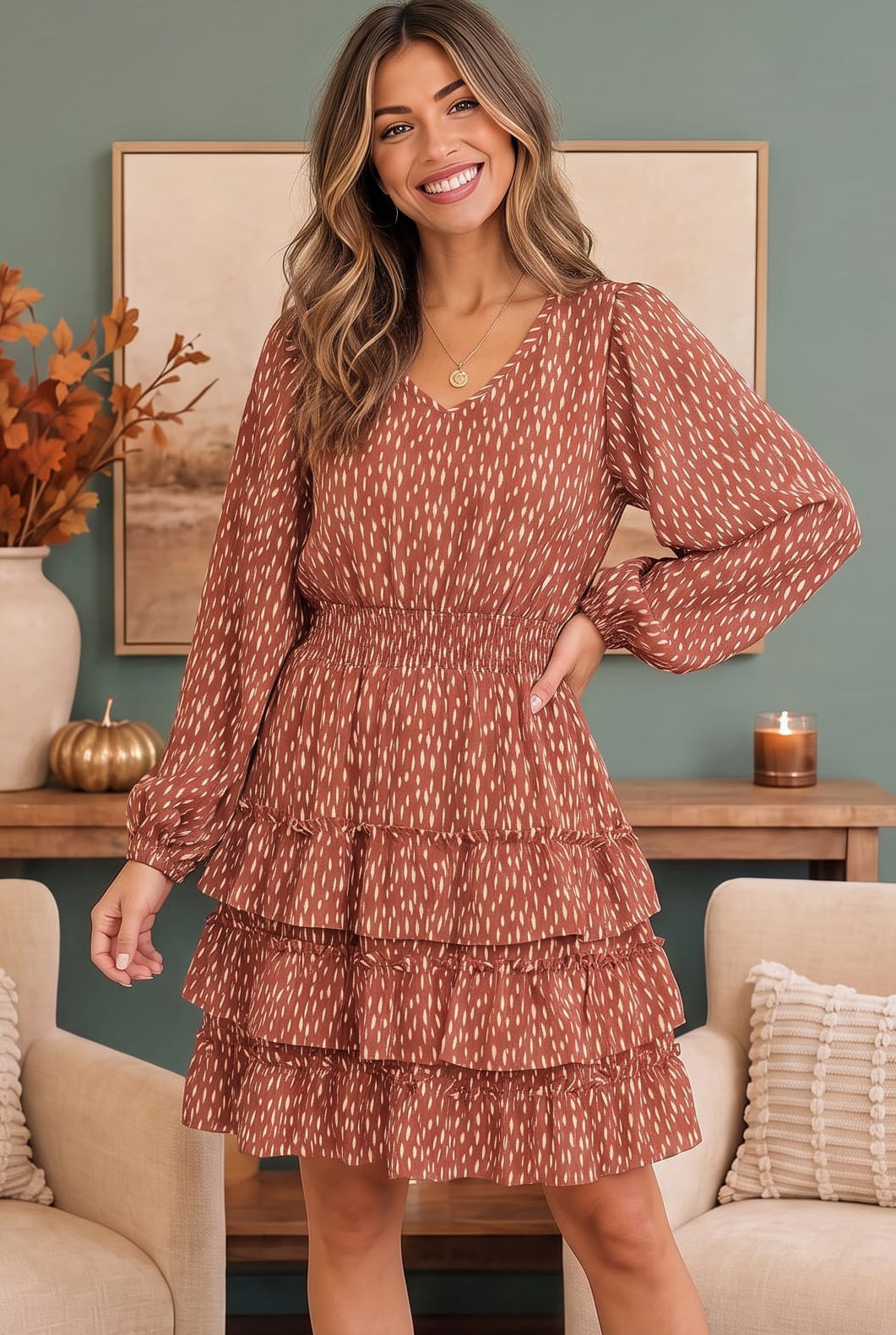 Rust Speckled Ruffle Tiered Mini Dress